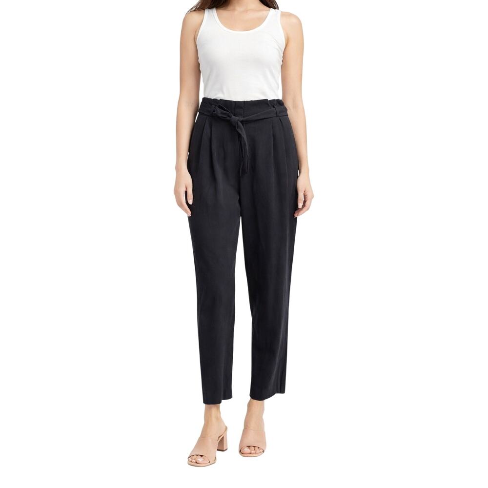 LOFT Breezy Paperbag Pants Black High Waist Pull On Tie Belt Taper Straight M